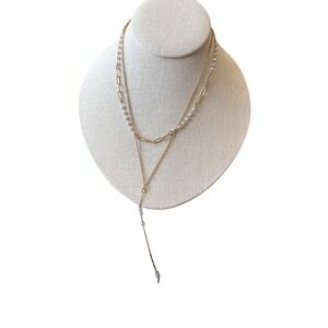 Gold Tone Layered Pearl Lariat Necklace Paperclip Chain Multi Strand Beaded